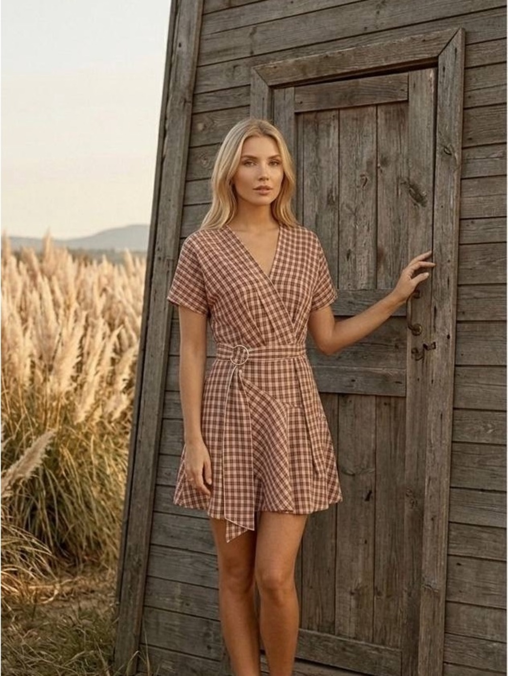 Plaid Wrap Mini Dress with Belted Waist in Brown